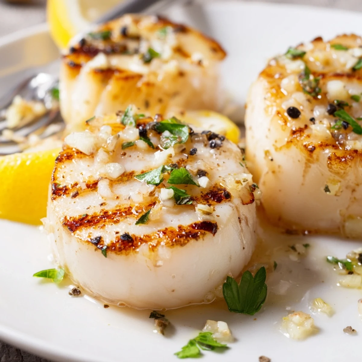 Grilled Scallops Recipe plated on warm board, juices glistening, ready to eat