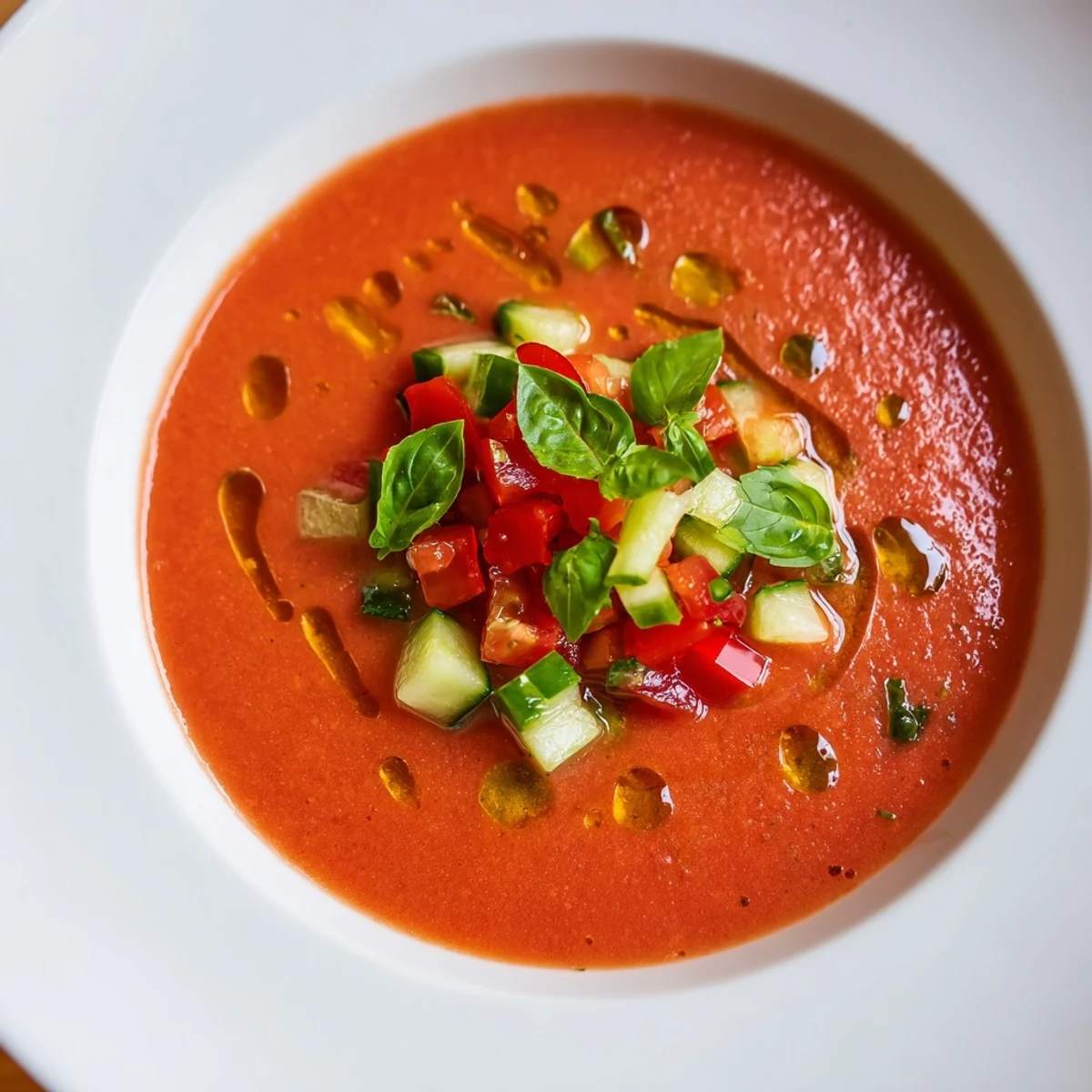 Cold vibrant red gazpacho soup served in white bowls with colorful diced vegetable garnish