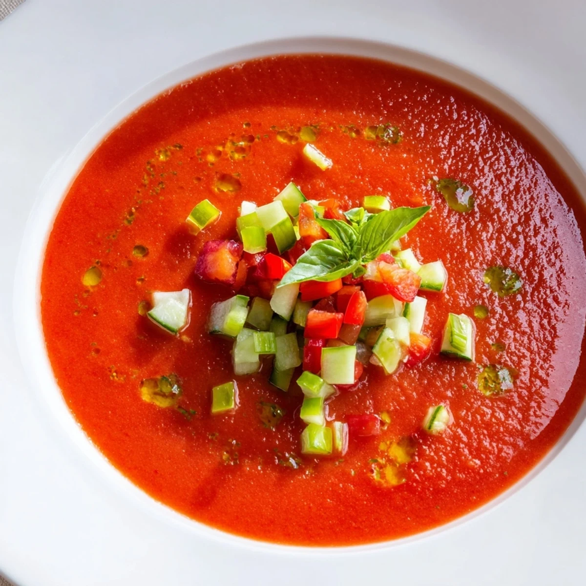 Refreshing Spanish gazpacho recipe featuring blended tomatoes and cucumber topped with fresh basil drizzle
