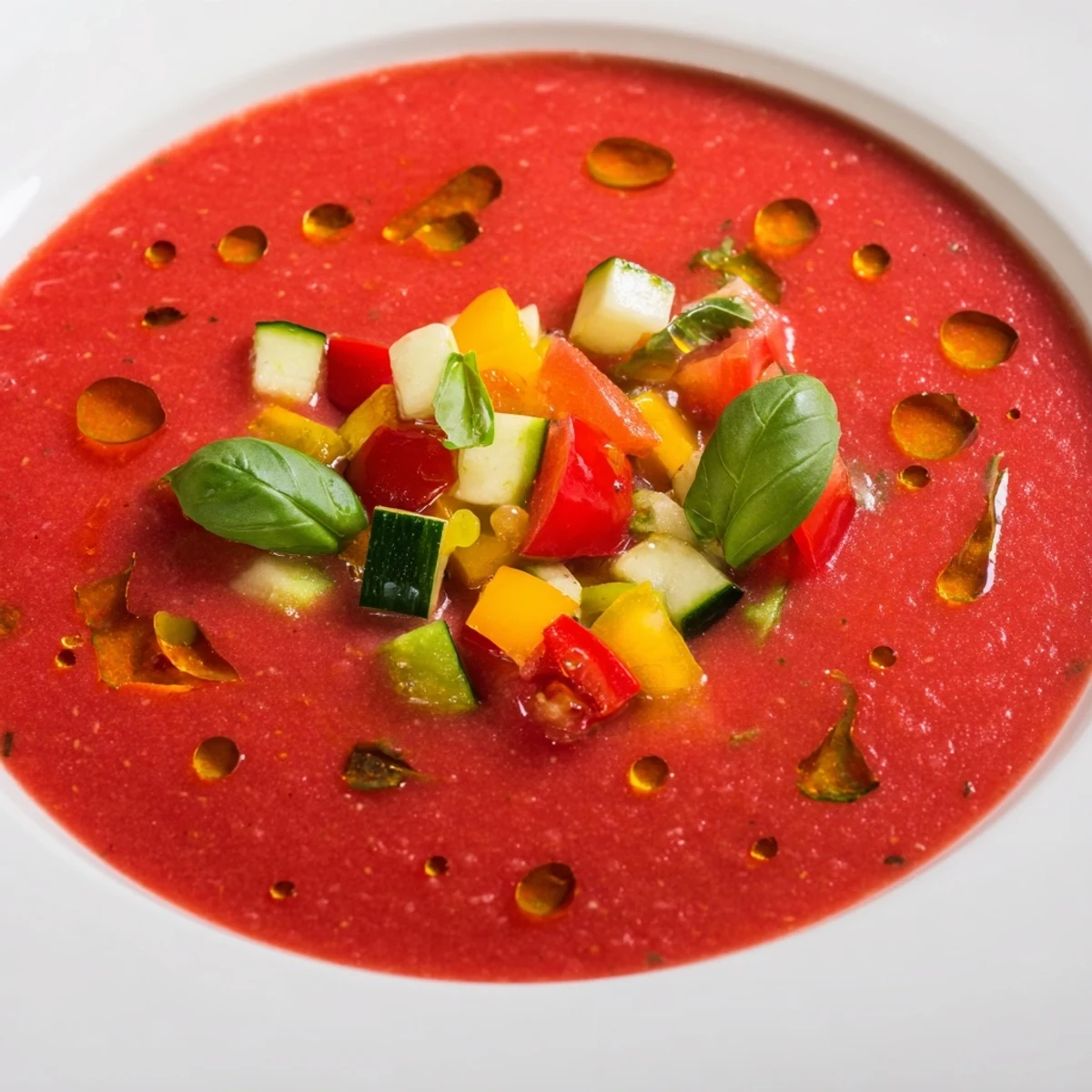 Smooth chilled gazpacho soup poured into clear glasses showcasing its bright red vegetable texture