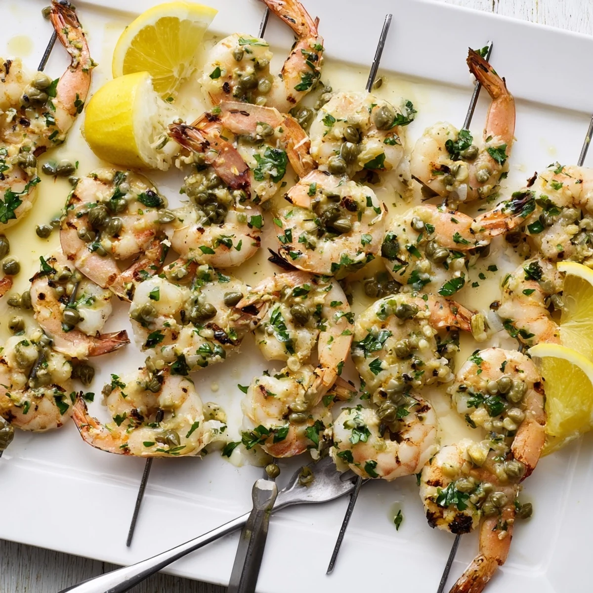 Golden grilled shrimp piccata skewers brushed with zesty buttery lemon caper sauce on a white platter