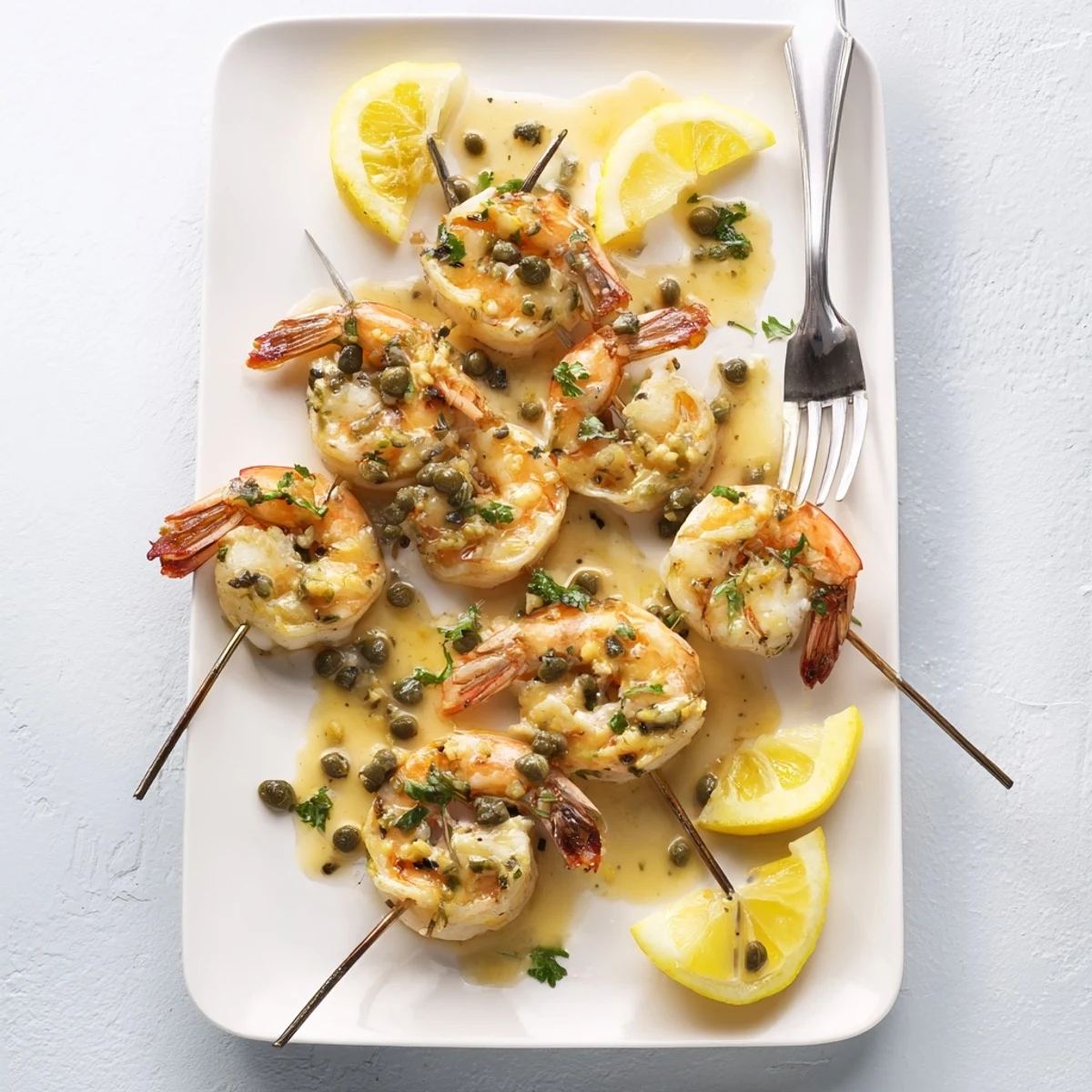 Juicy shrimp threaded onto skewers and grilled until lightly charred then drizzled with piccata glaze