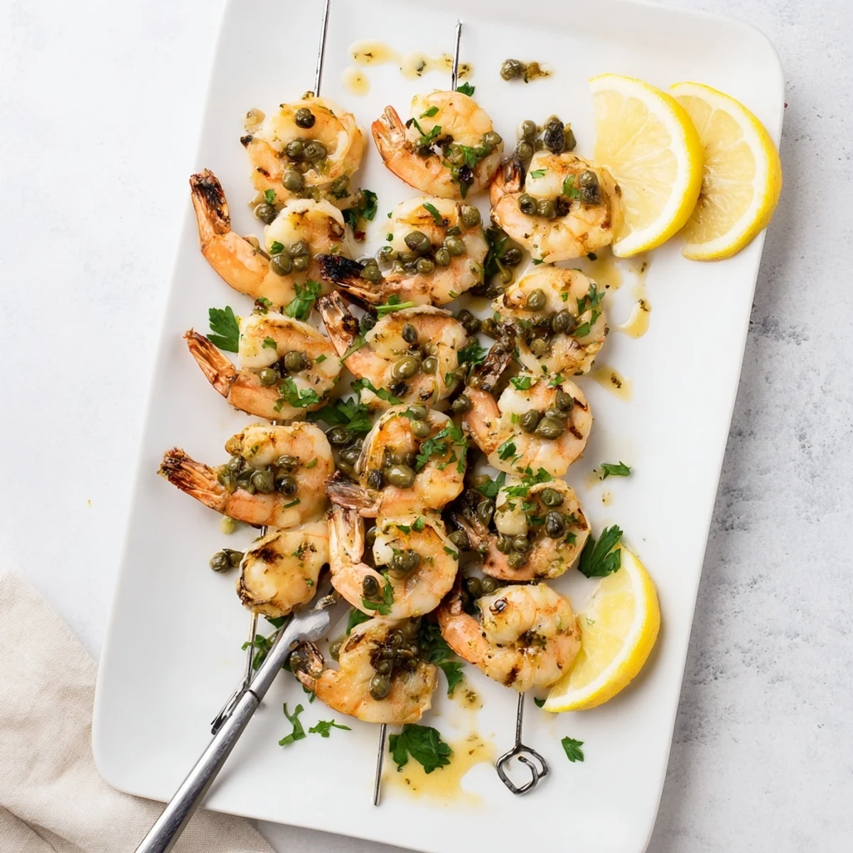 Tender grilled shrimp piccata skewers garnished with fresh parsley and served with lemon wedges