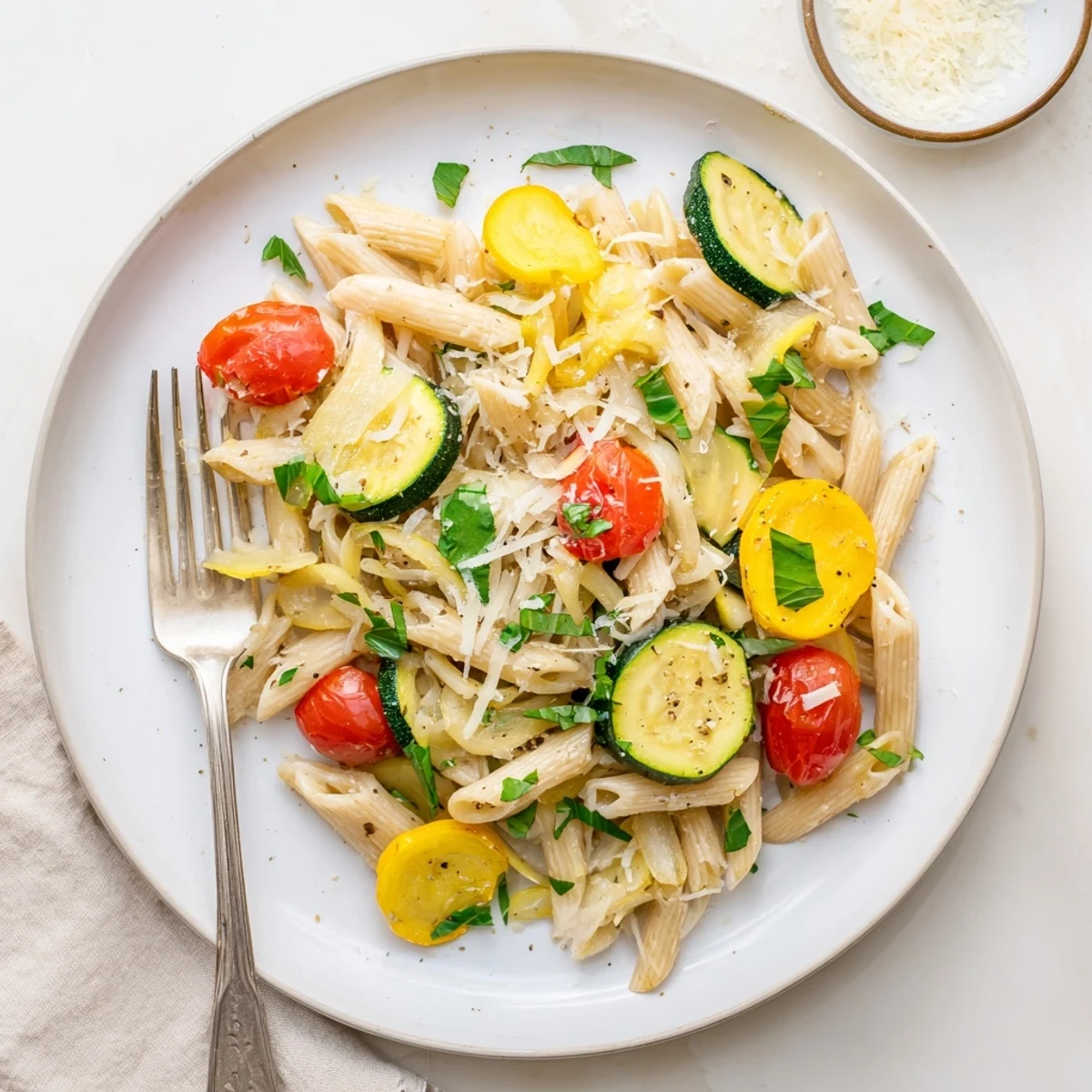 Golden summer squash pasta skillet featuring tender zucchini noodles and juicy cherry tomatoes in a light olive oil sauce