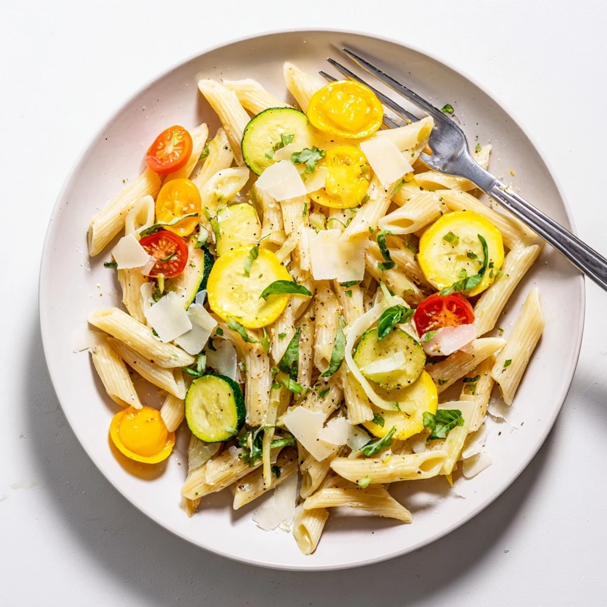 Vibrant one-pan summer squash pasta with colorful vegetables, fresh basil, and parmesan served in a cast iron skillet