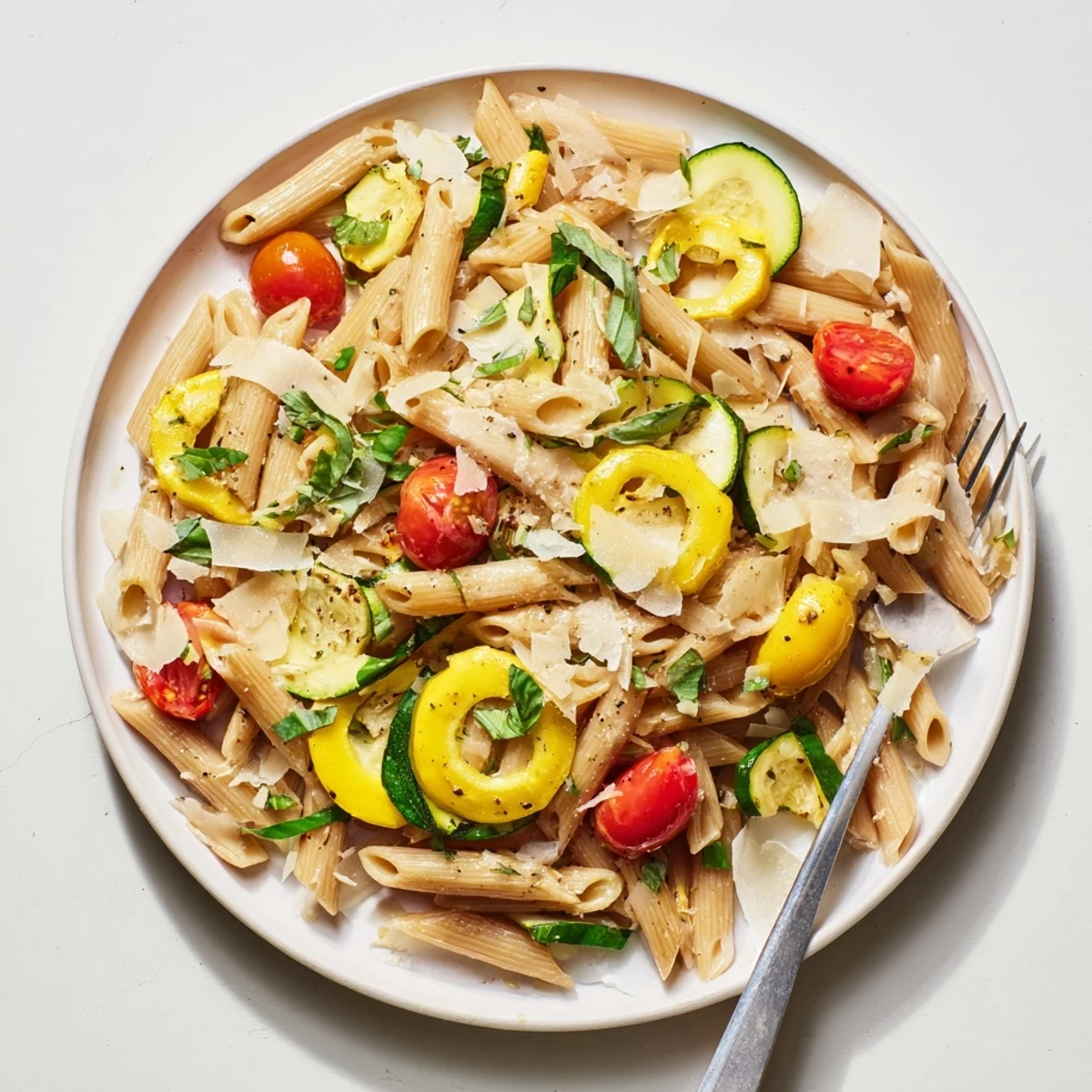 Hearty summer squash pasta skillet with al dente rotini, sliced yellow squash, and ripe tomatoes garnished with green herbs