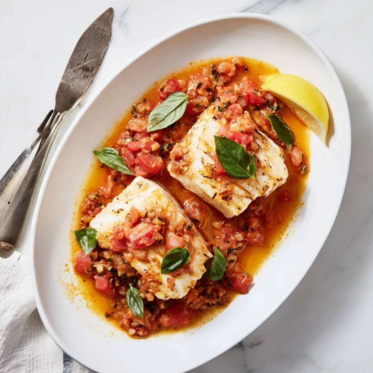 Golden halibut fillets poached in vibrant tomato-butter sauce with fresh basil garnish on a white plate