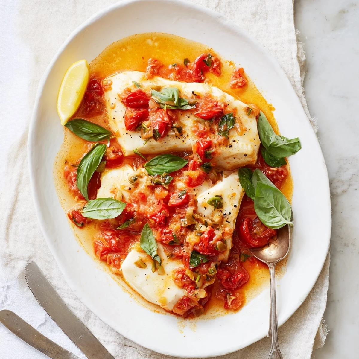 Succulent grill-poached halibut swimming in rich red tomato sauce with lemon wedges and green basil