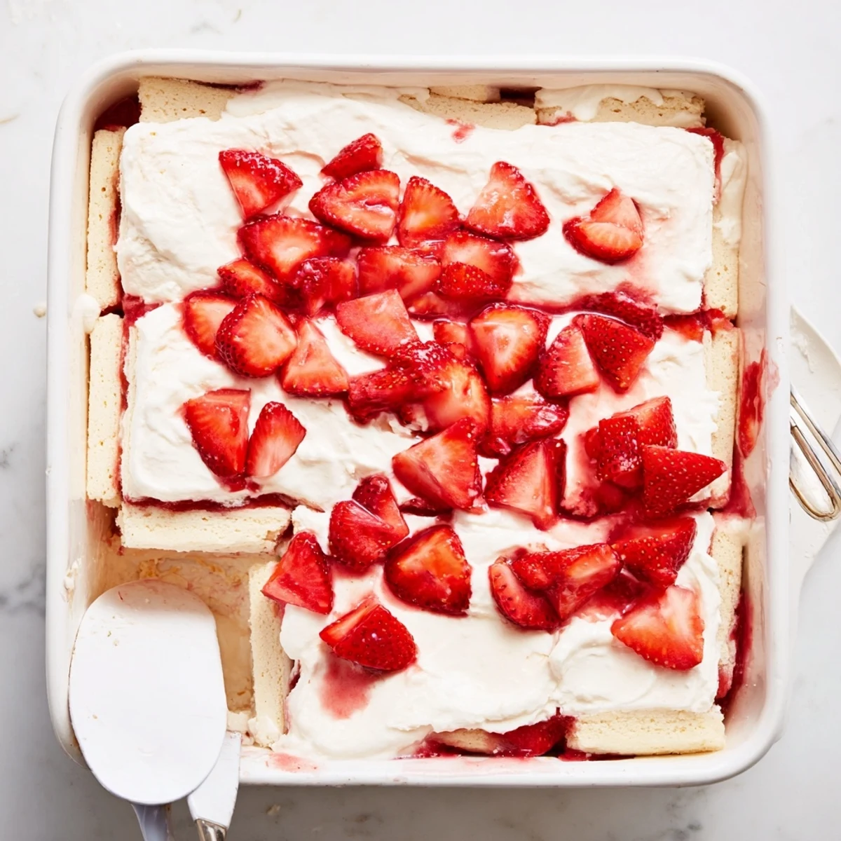 Golden layered no bake strawberry shortcake dessert with juicy red berries and fluffy white cream