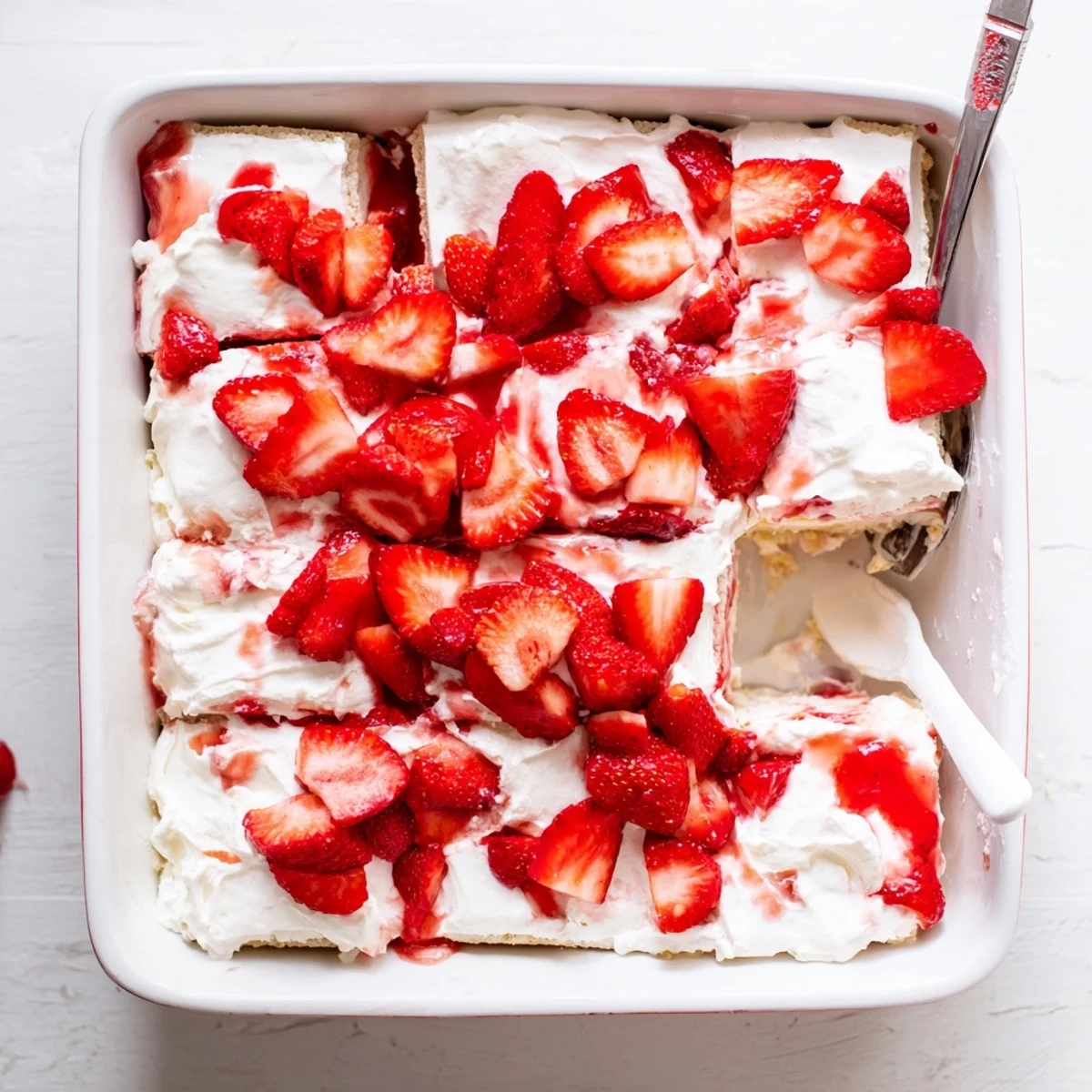 Creamy no bake strawberry shortcake dessert squares arranged on white serving plate with garnish
