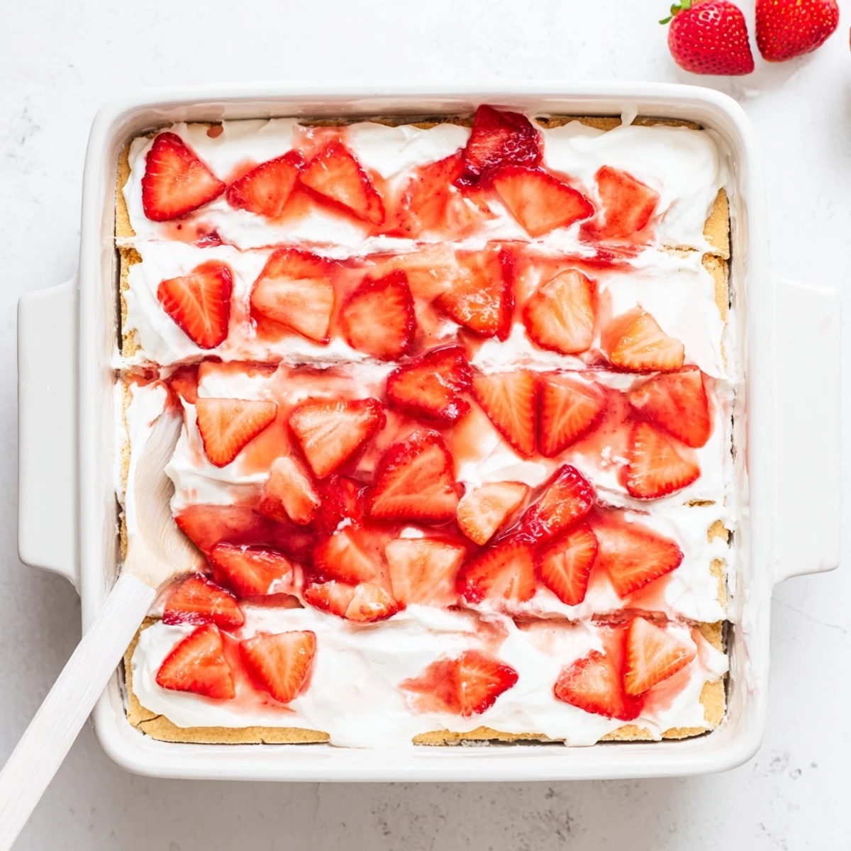 Square glass dish displaying no bake strawberry shortcake dessert topped with fresh sliced strawberries