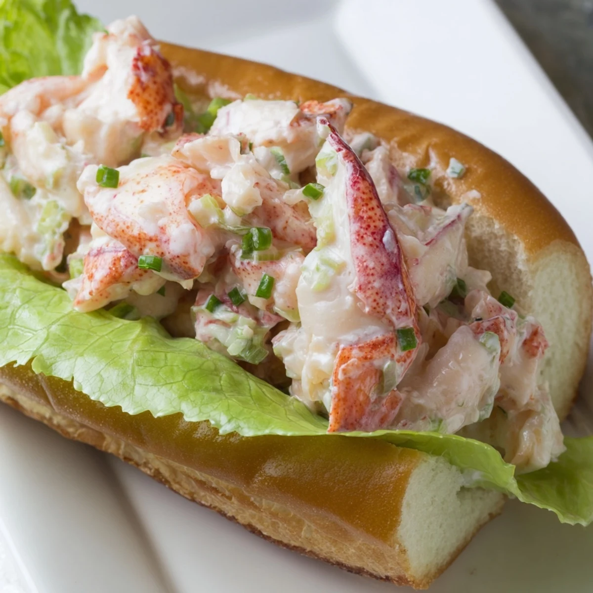 Fresh Maine style lobster rolls served on a wooden board with lemon wedges and crisp lettuce
