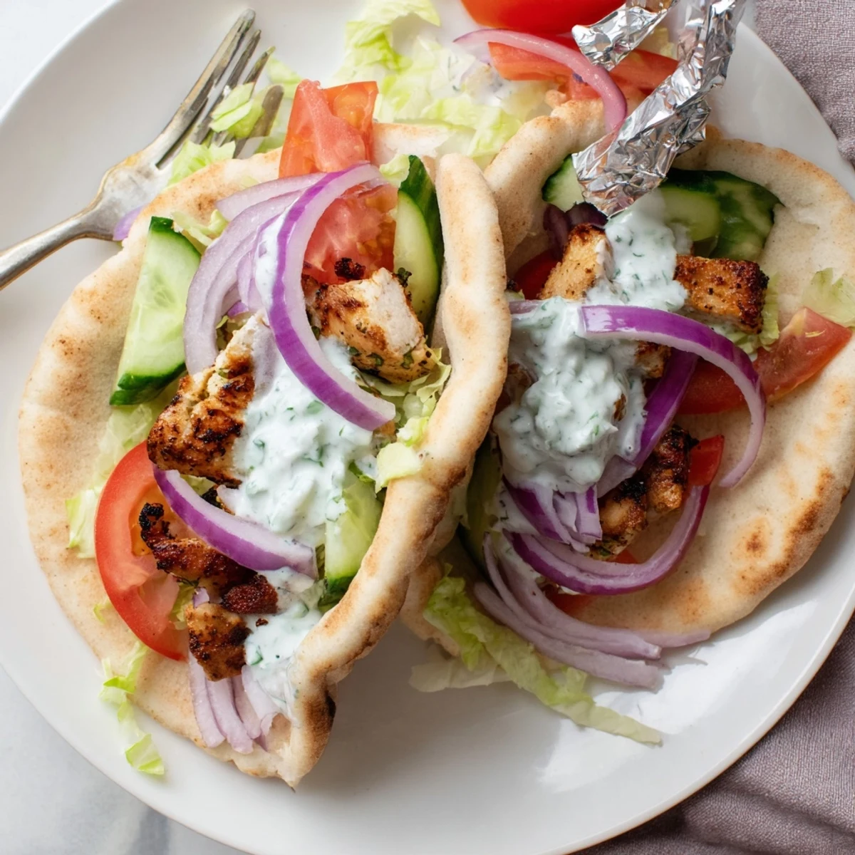 Golden grilled chicken slices nestled in warm pita bread with crisp red onions, ripe tomatoes, and cool tzatziki sauce in this Greek Grilled Chicken Pita.