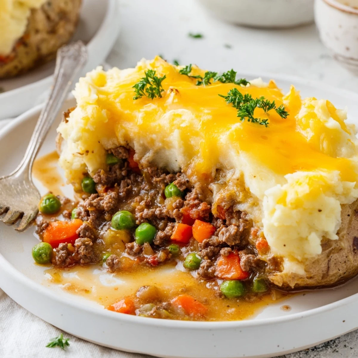 Golden shepherd's pie baked potato topped with fluffy mashed potato crust and fresh parsley garnish