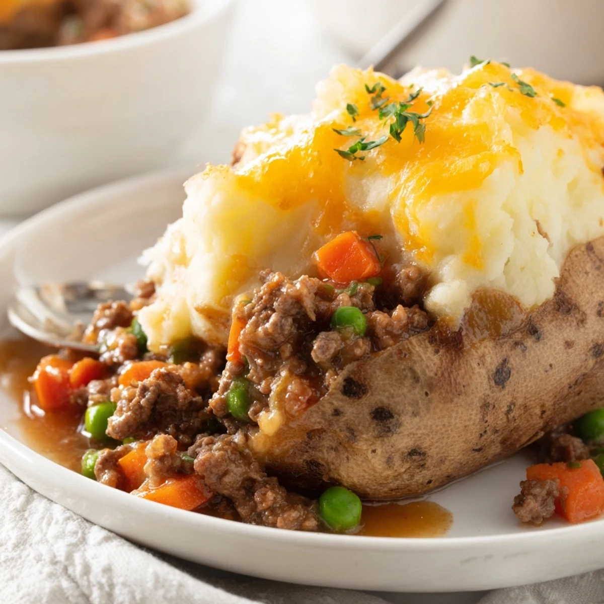 Hearty baked potato stuffed with seasoned ground lamb and carrot mixture under broiled mashed potato layer