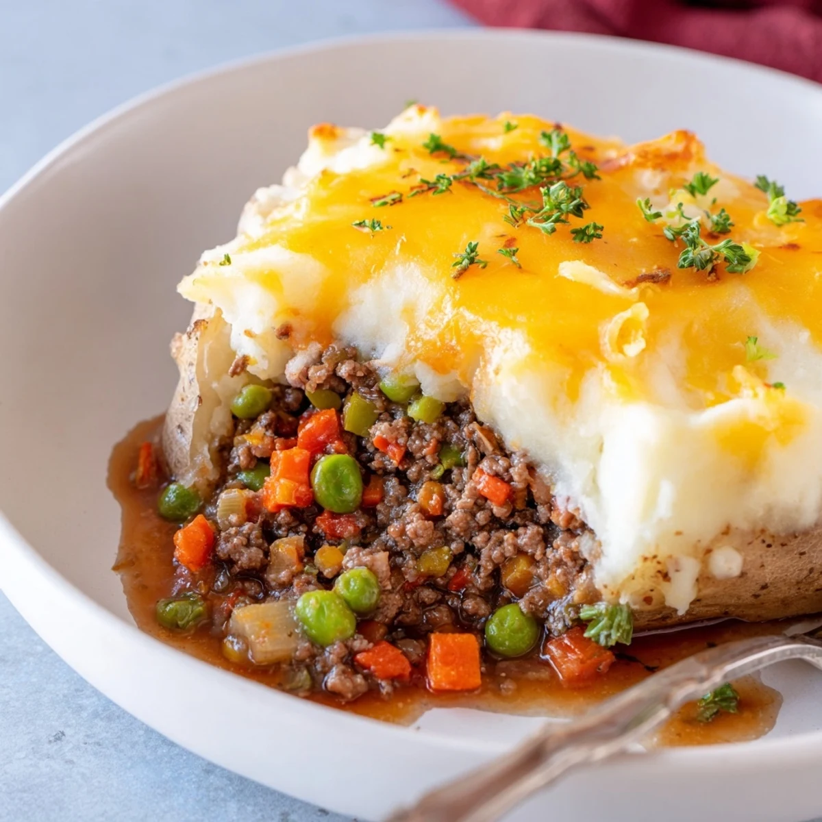 Russet potato overflowing with savory lamb filling and vegetables beneath creamy golden mashed potato topping