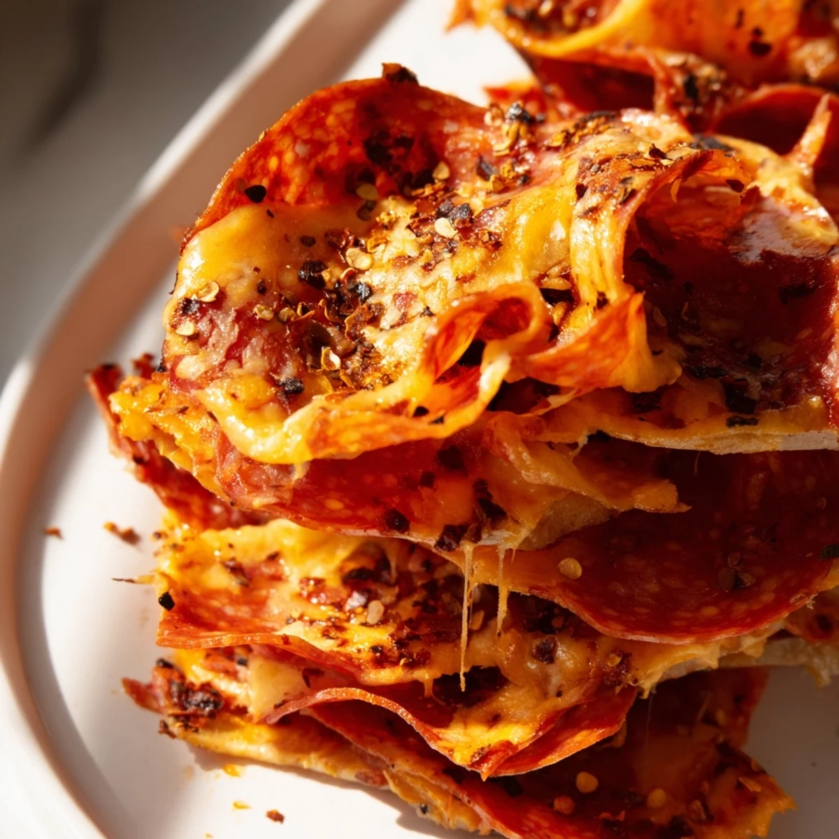 Savory low-cart pepperoni cheese chips arranged on serving plate, perfect crunchy appetizer for party gatherings