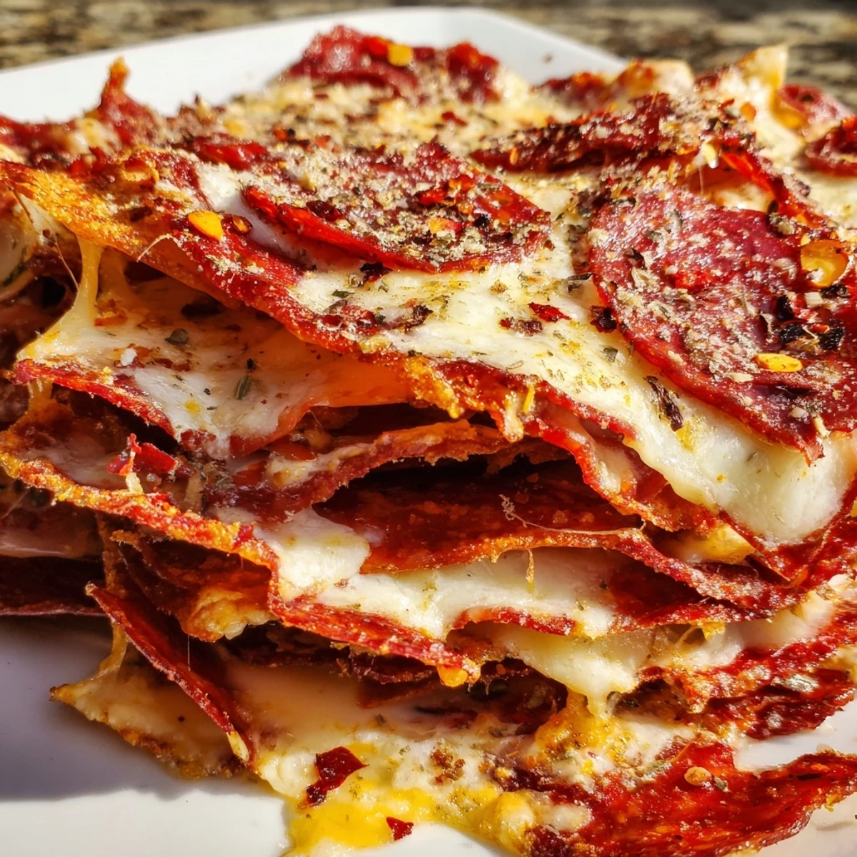 Golden crispy pepperoni cheese chips bubbling with melted cheddar and mozzarella on a baking sheet