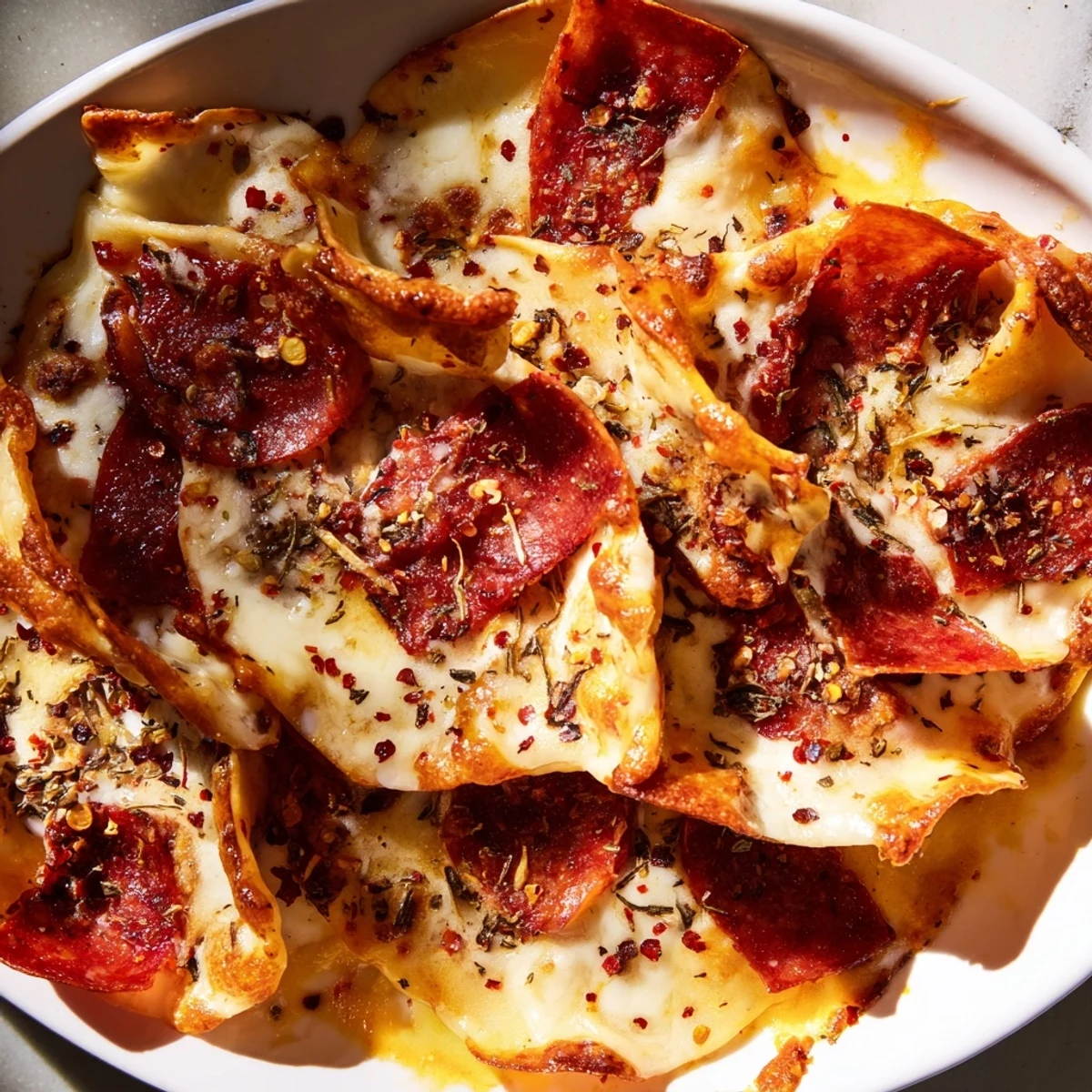 Homemade crispy pepperoni cheese chips with herbs and red pepper flakes, served warm for snacking