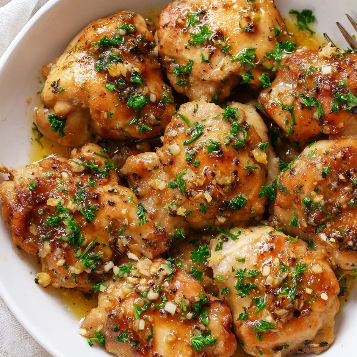 Golden brown garlic butter chicken bites sizzling in a skillet with melted butter coating tender pieces