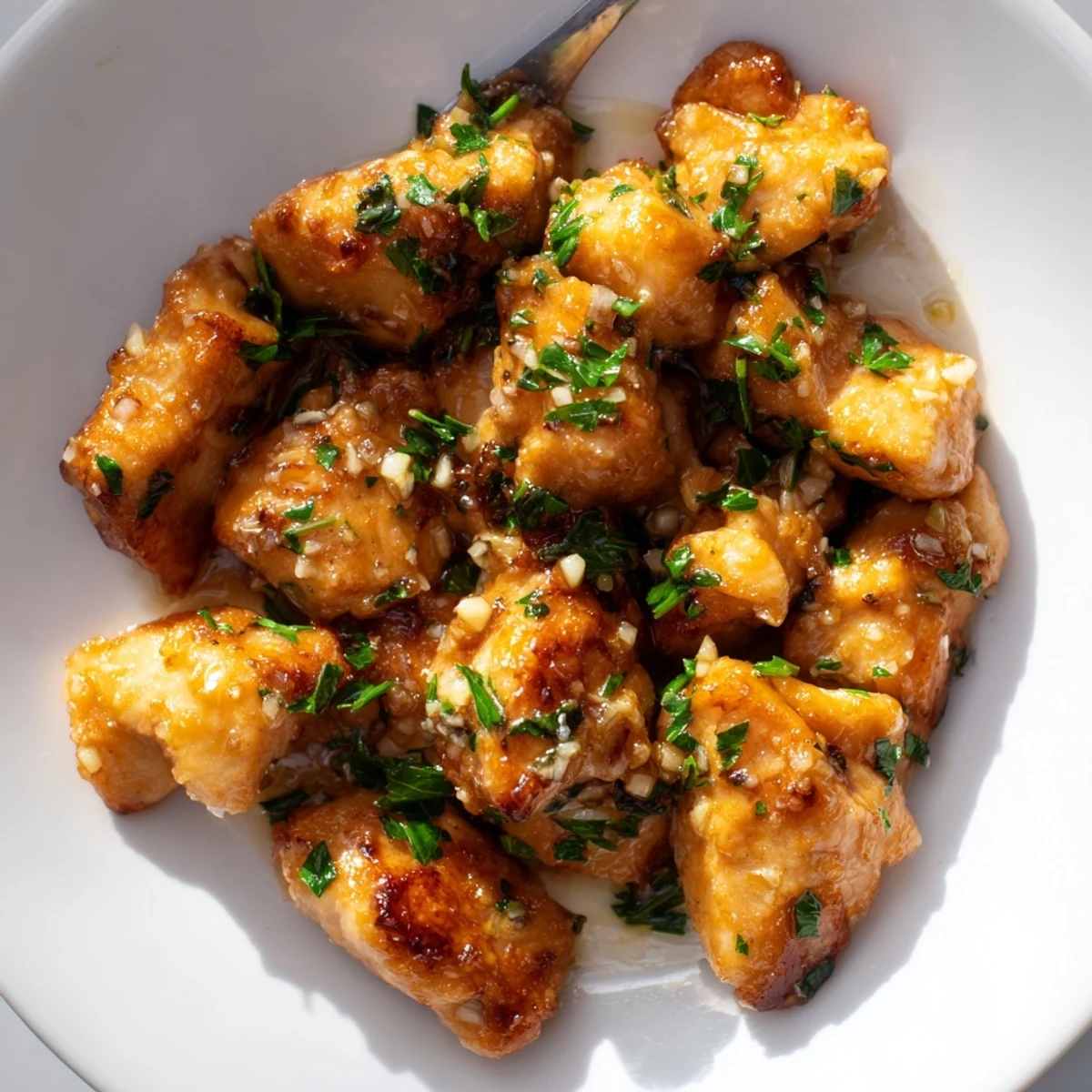 Succulent pan-fried chicken bites tossed in aromatic garlic butter sauce and garnished with fresh green parsley