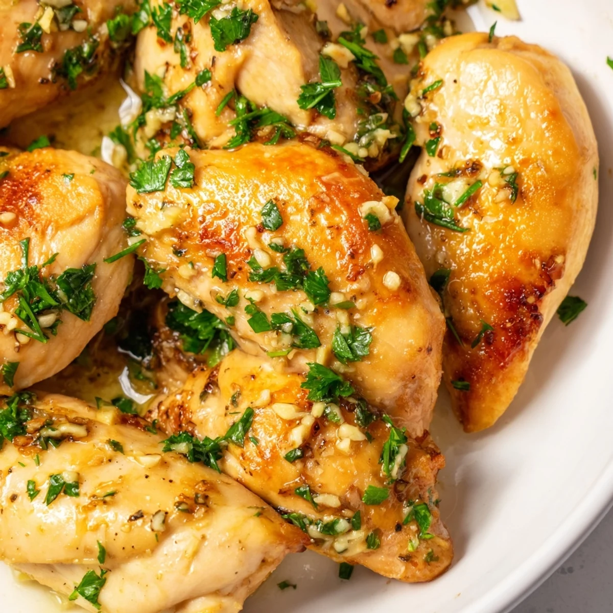 Perfectly cooked garlic butter chicken bites served hot on a white plate with optional lemon wedges