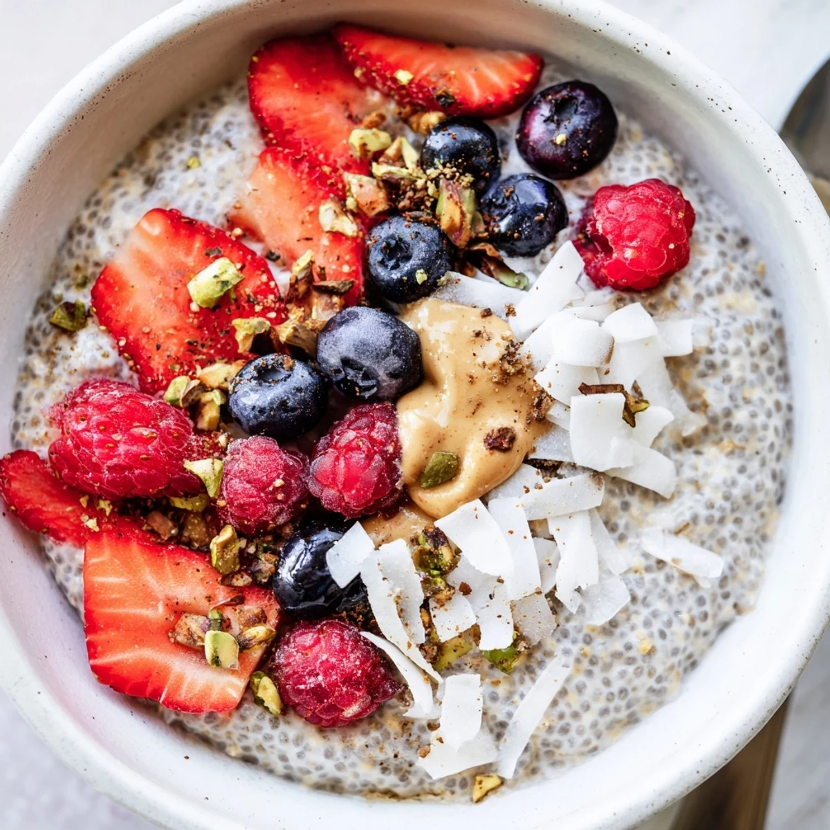 Creamy chia pudding recipe topped with fresh berries and coconut in glass jars