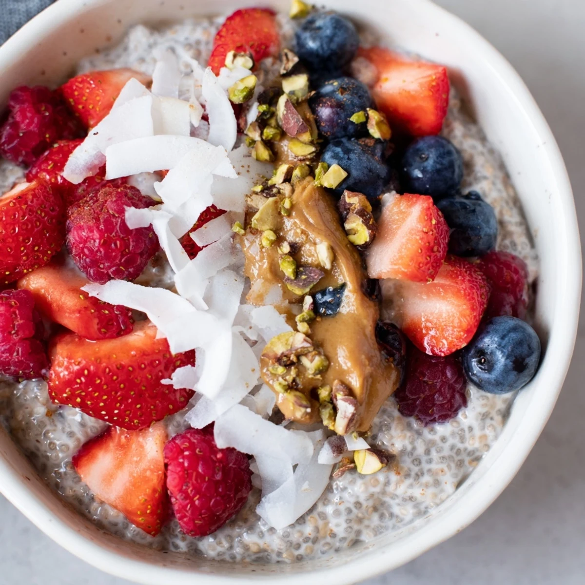 Wholesome chia pudding breakfast layered with mango, nuts, and dark chocolate shavings