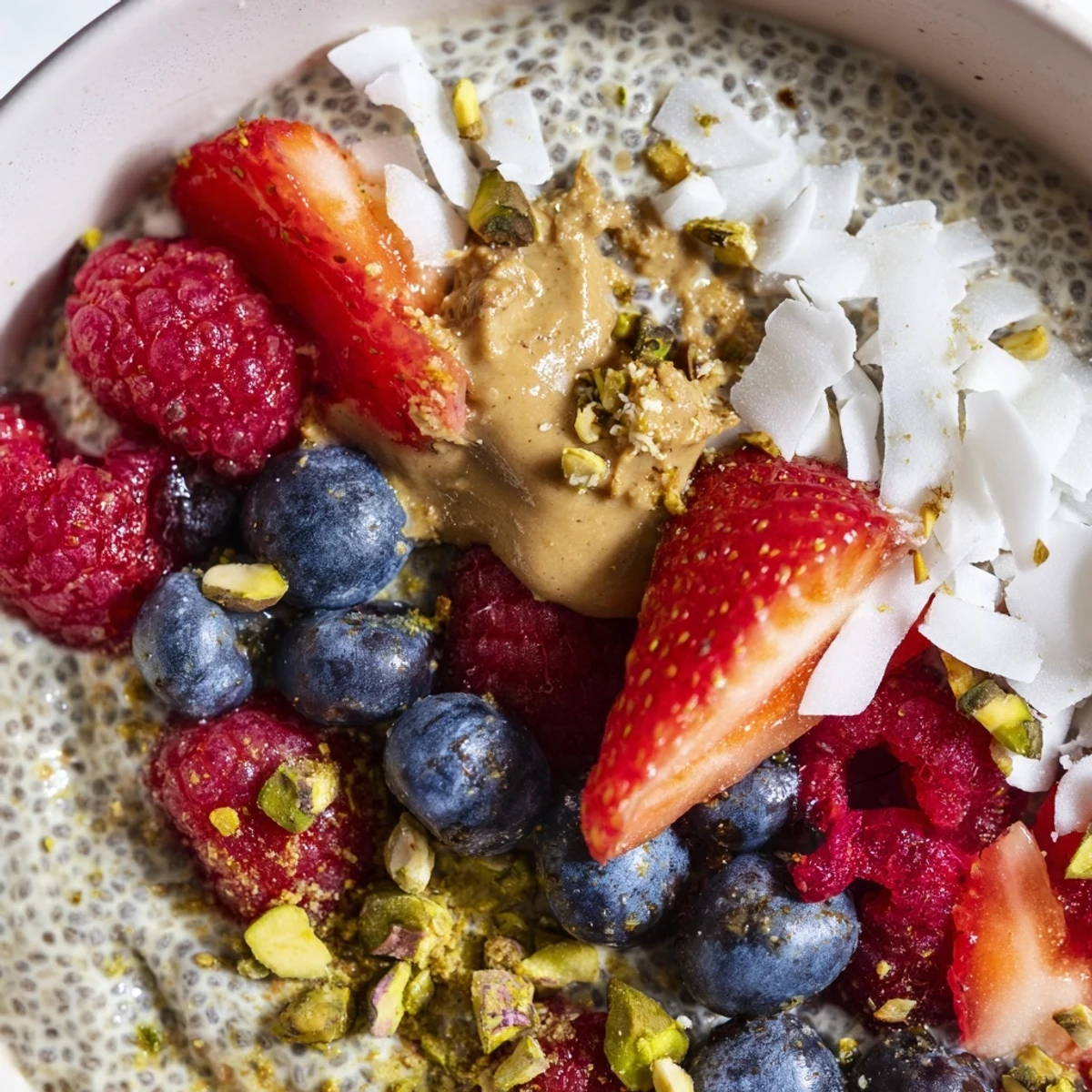 Overnight chia pudding recipe with almond milk, maple syrup, and vibrant fruit toppings