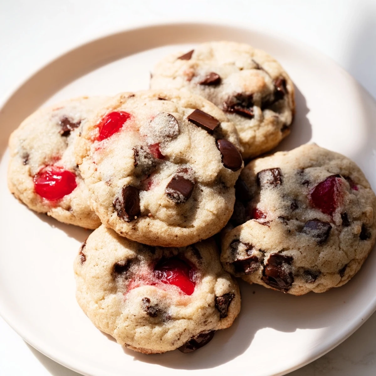 Soft baked maraschino cherry chocolate chip cookies with gooey chocolate and bright red cherry pieces