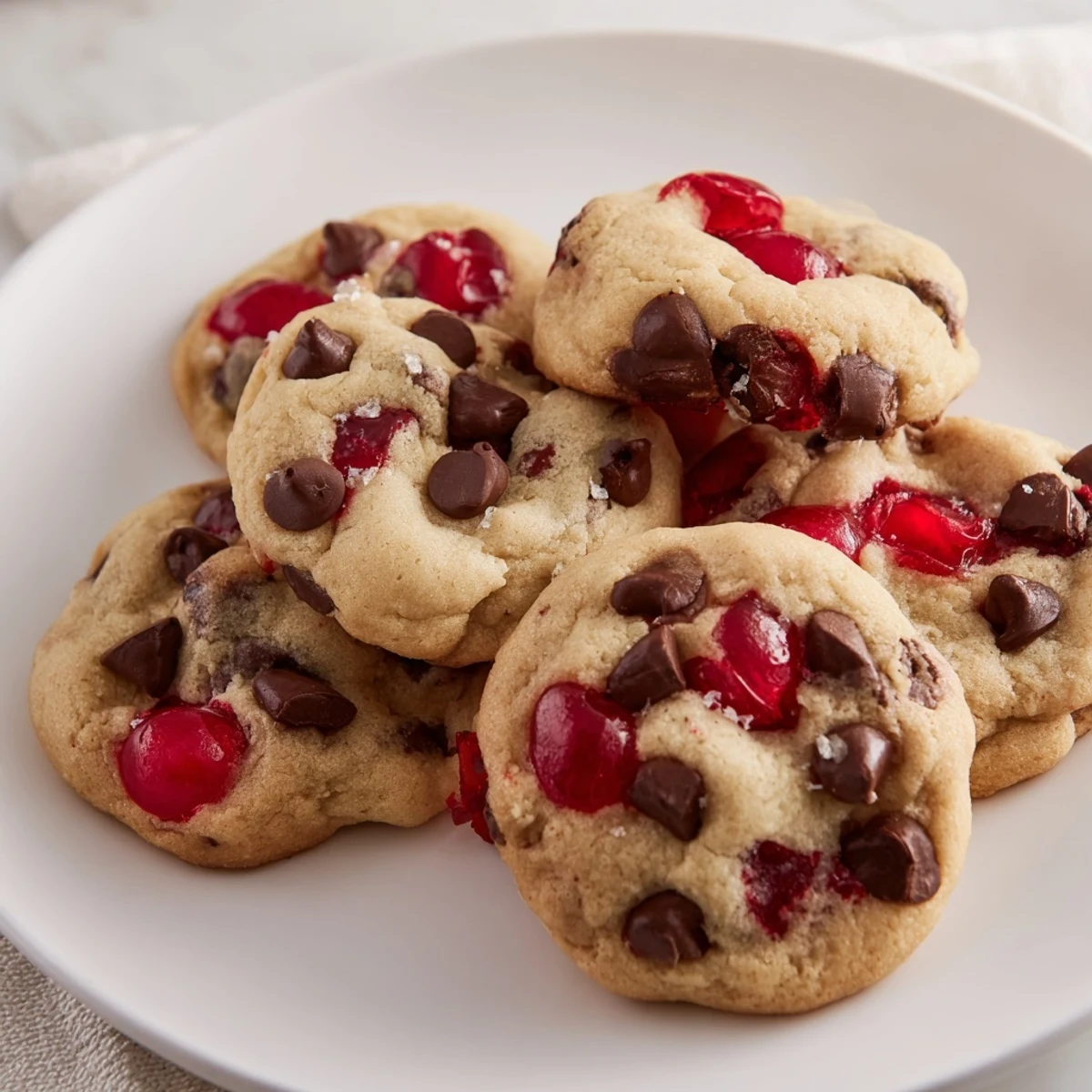 Chewy homemade maraschino cherry chocolate chip cookies stacked on a white plate with cherry visible