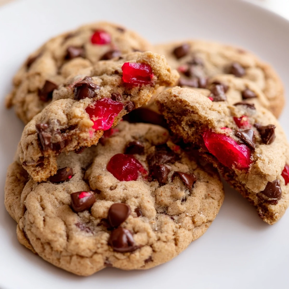 Golden brown maraschino cherry chocolate chip cookies cooling on wire rack with melted chocolate chips