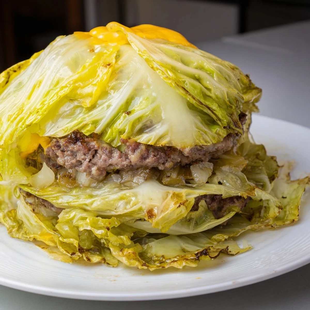 Golden brown oven baked cabbage burger wrapped in tender green cabbage leaves with melted cheddar cheese