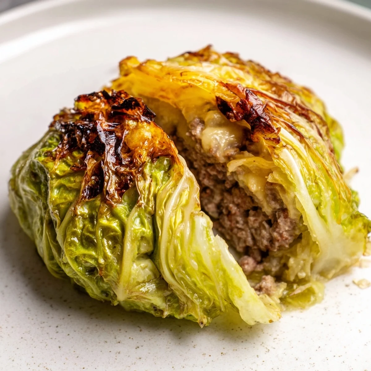 Juicy seasoned ground beef patty enclosed in pliable cabbage leaves after baking to perfection