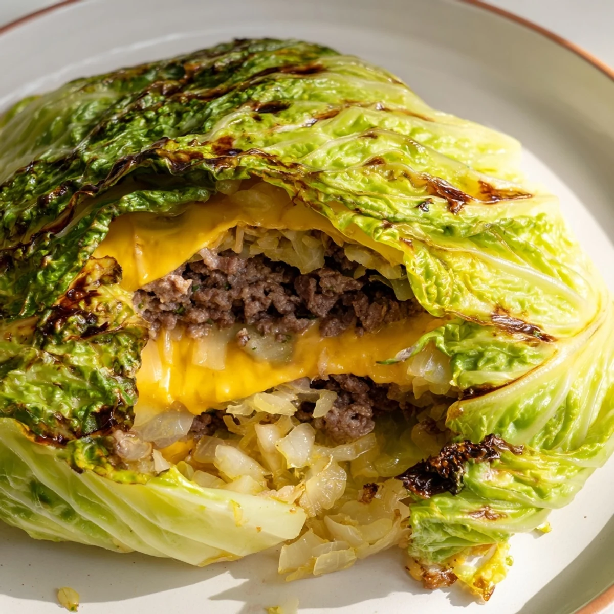 Oven baked cabbage burger served hot with visible char marks and cheese peeking through cabbage