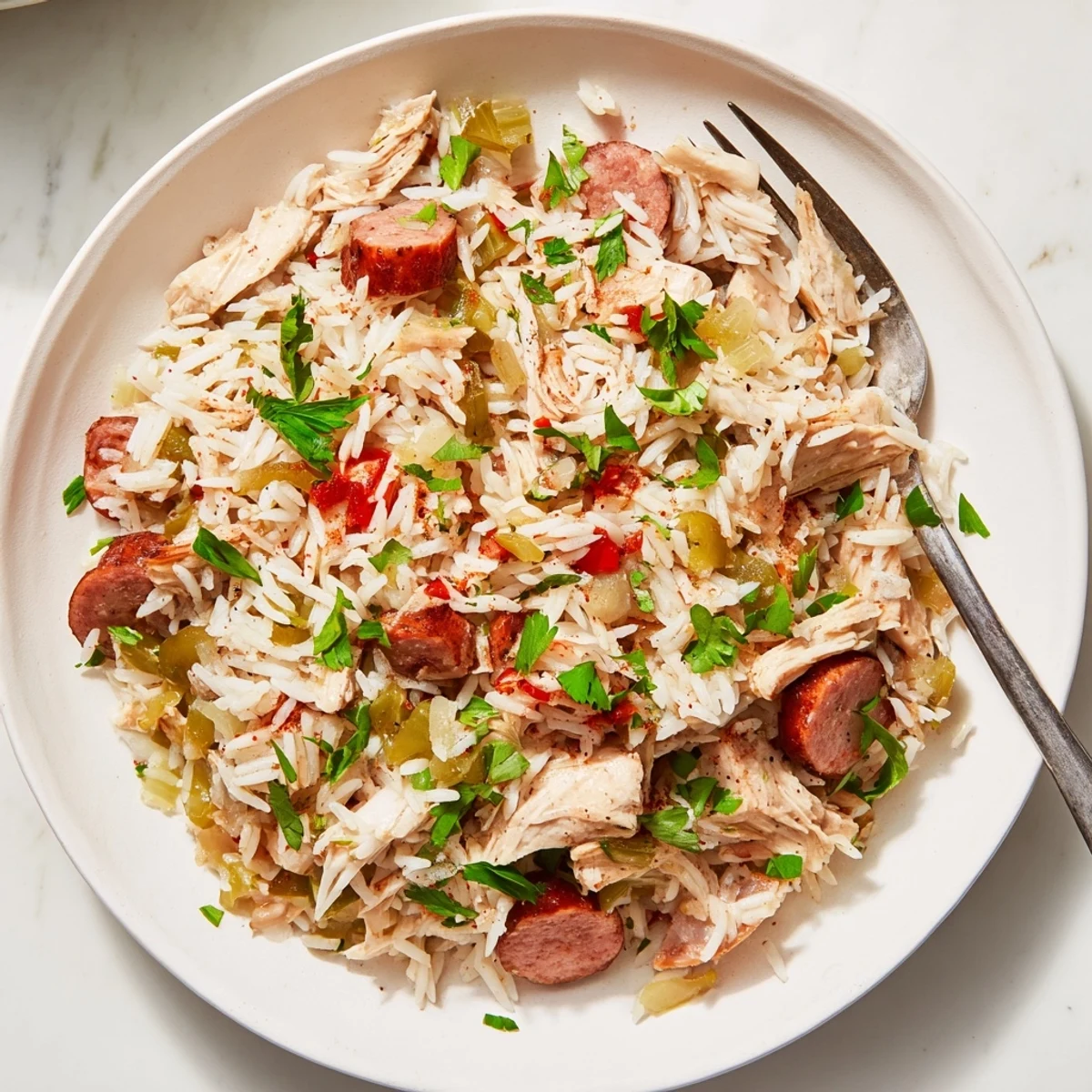 Hearty Southern Chicken Bog plated with tender shredded chicken, sliced smoked sausage, and garnished fresh parsley