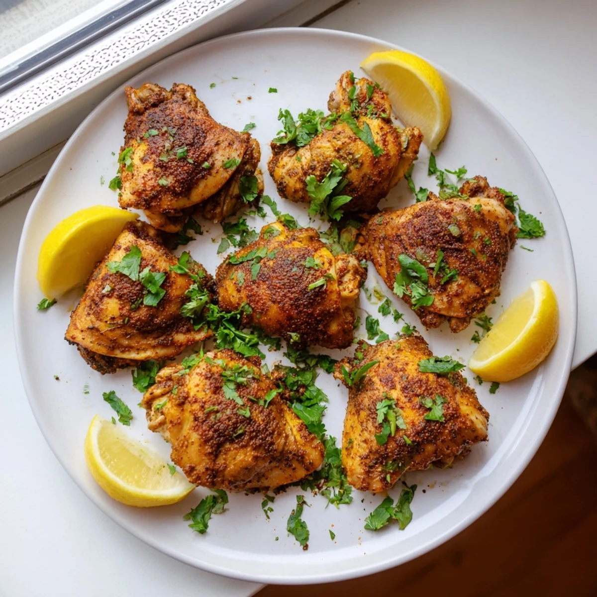 Golden roasted Moroccan spiced chicken thighs with crispy skin and aromatic spices