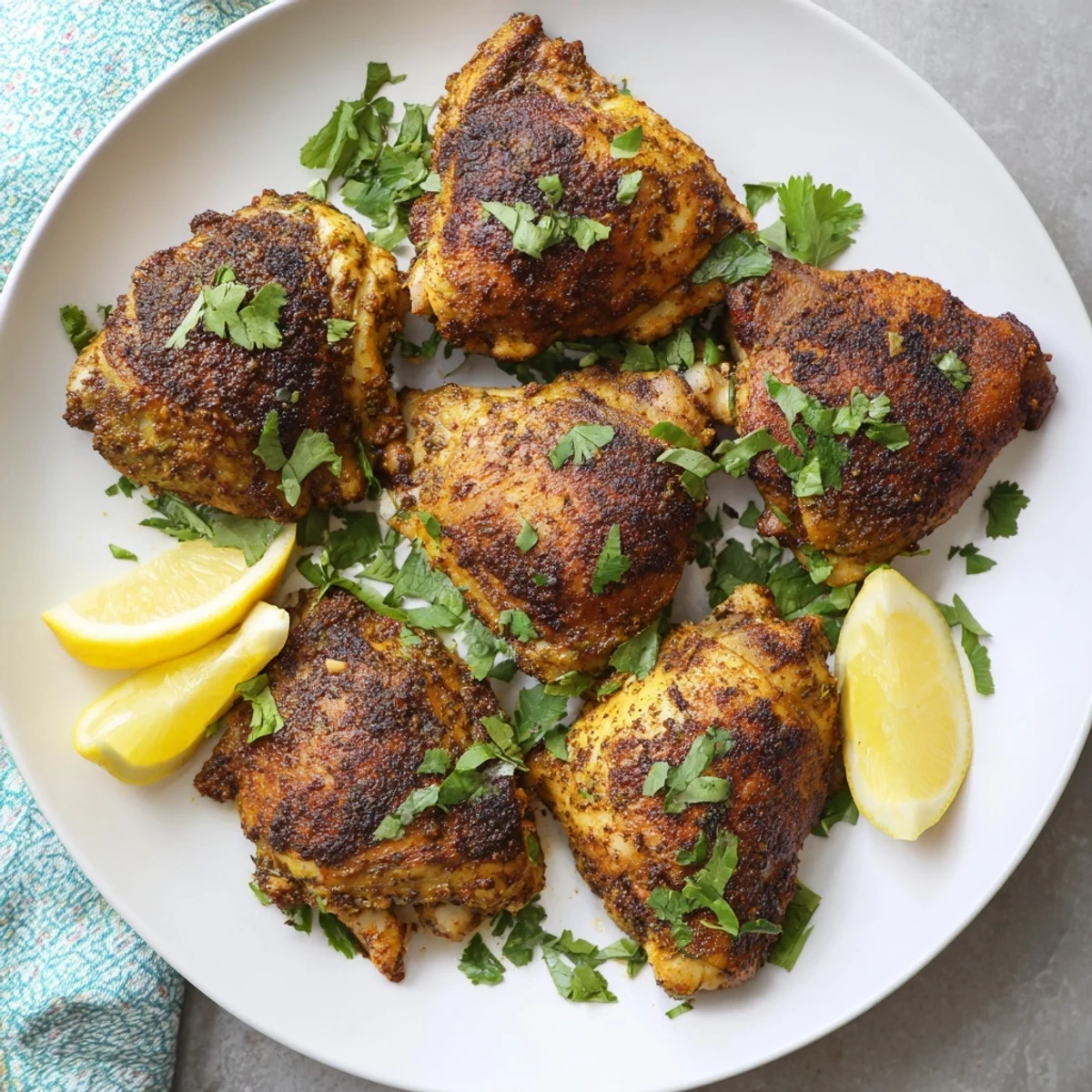 Juicy baked Moroccan spiced chicken thighs served with fresh cilantro and lemon wedges