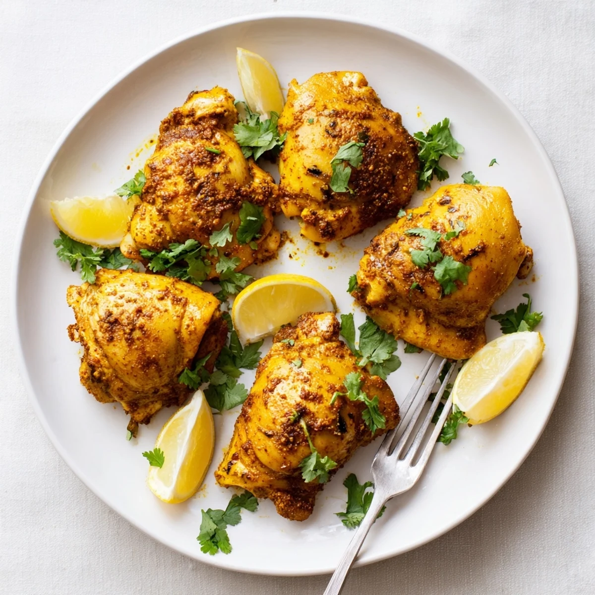 Perfectly seasoned Moroccan spiced chicken thighs plated on a white serving dish