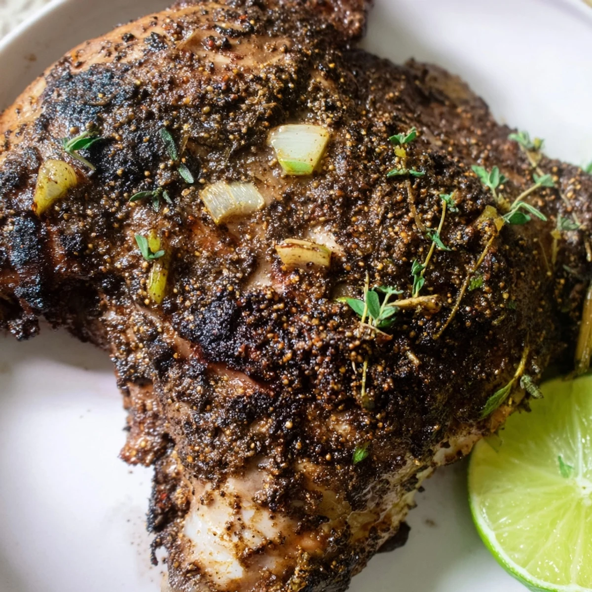 Golden charred Jamaican jerk chicken thighs with smoky spice rub on a white plate