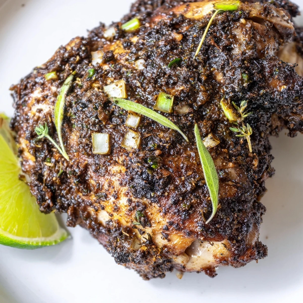 Tender grilled jerk chicken drumsticks coated in aromatic marinade with fresh lime wedges