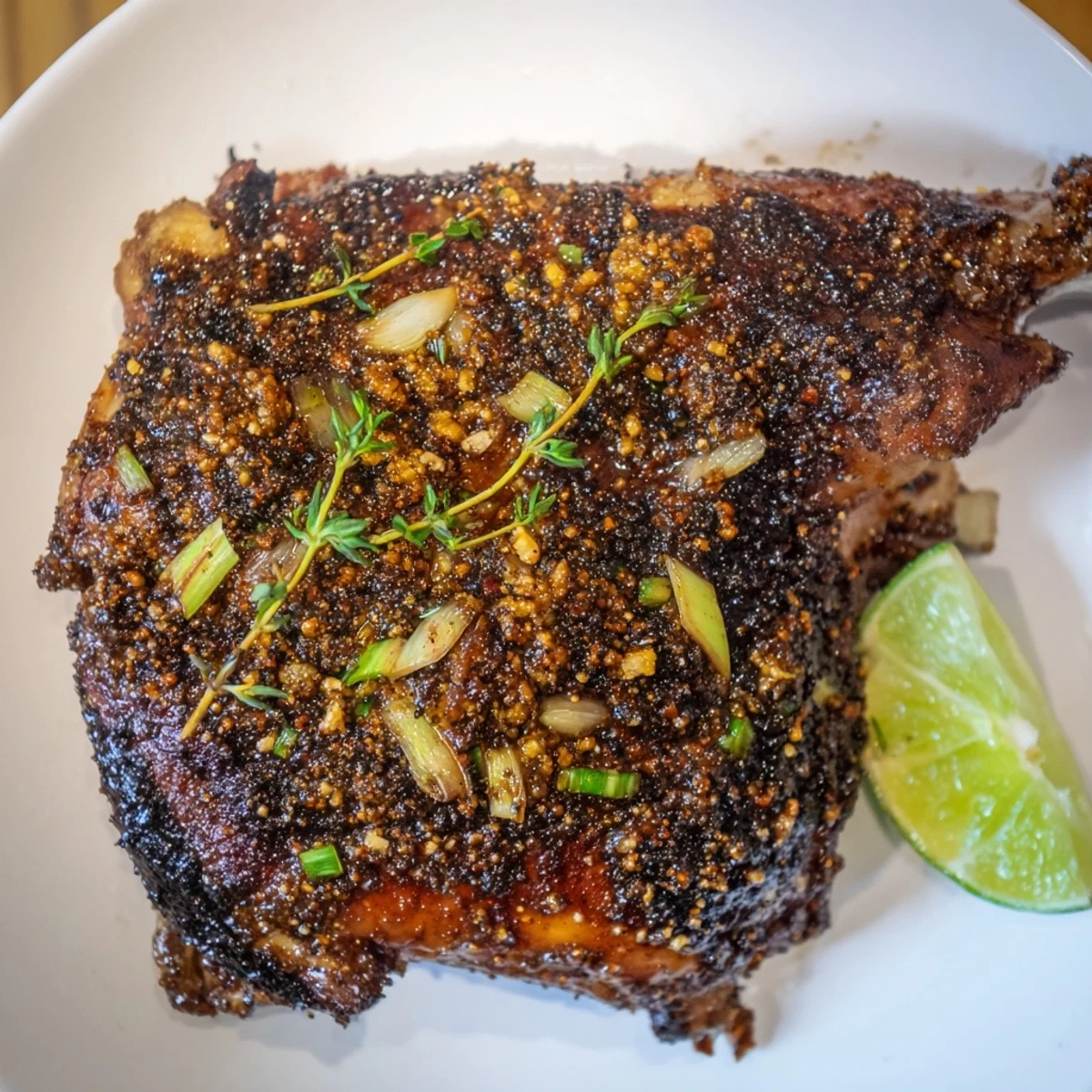 Sizzling spicy Jamaican jerk chicken pieces fresh off the grill with caramelized edges