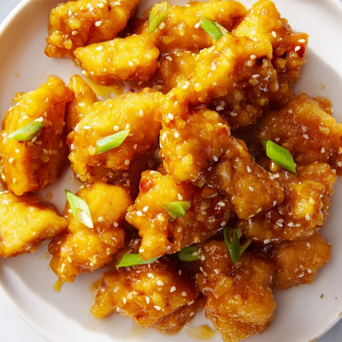 Golden baked orange chicken pieces glazed in sweet tangy sauce garnished with green onions and sesame seeds