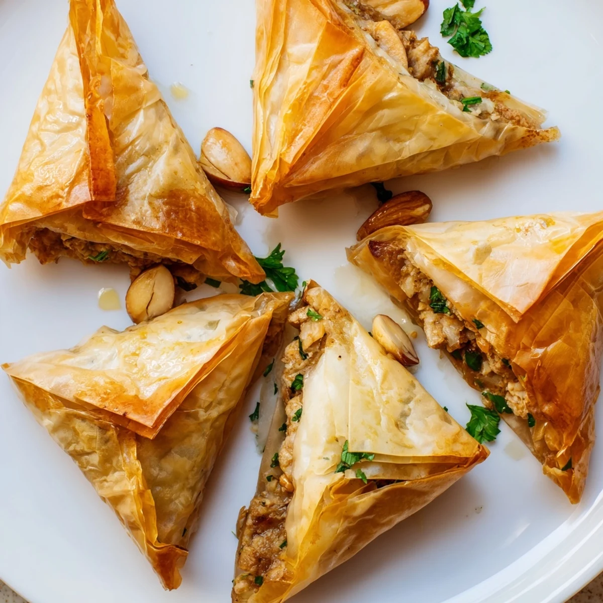 Golden crispy Moroccan chicken briouats arranged on a white serving platter with fresh herbs