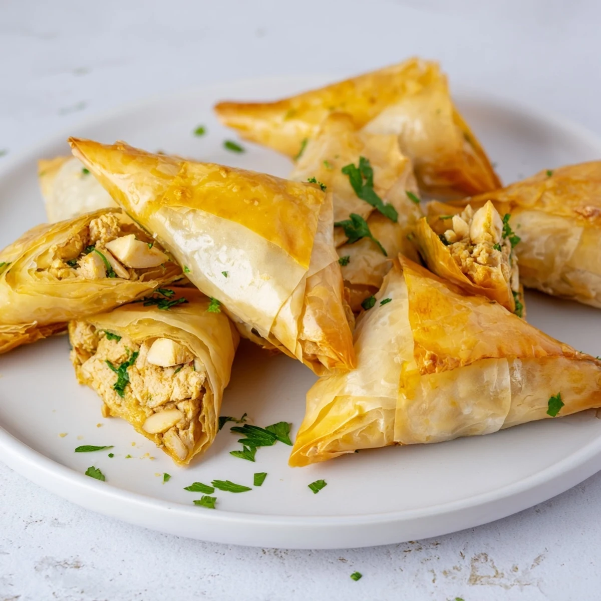 Triangle-shaped Moroccan chicken briouats featuring spiced filling and toasted almonds fried to golden perfection