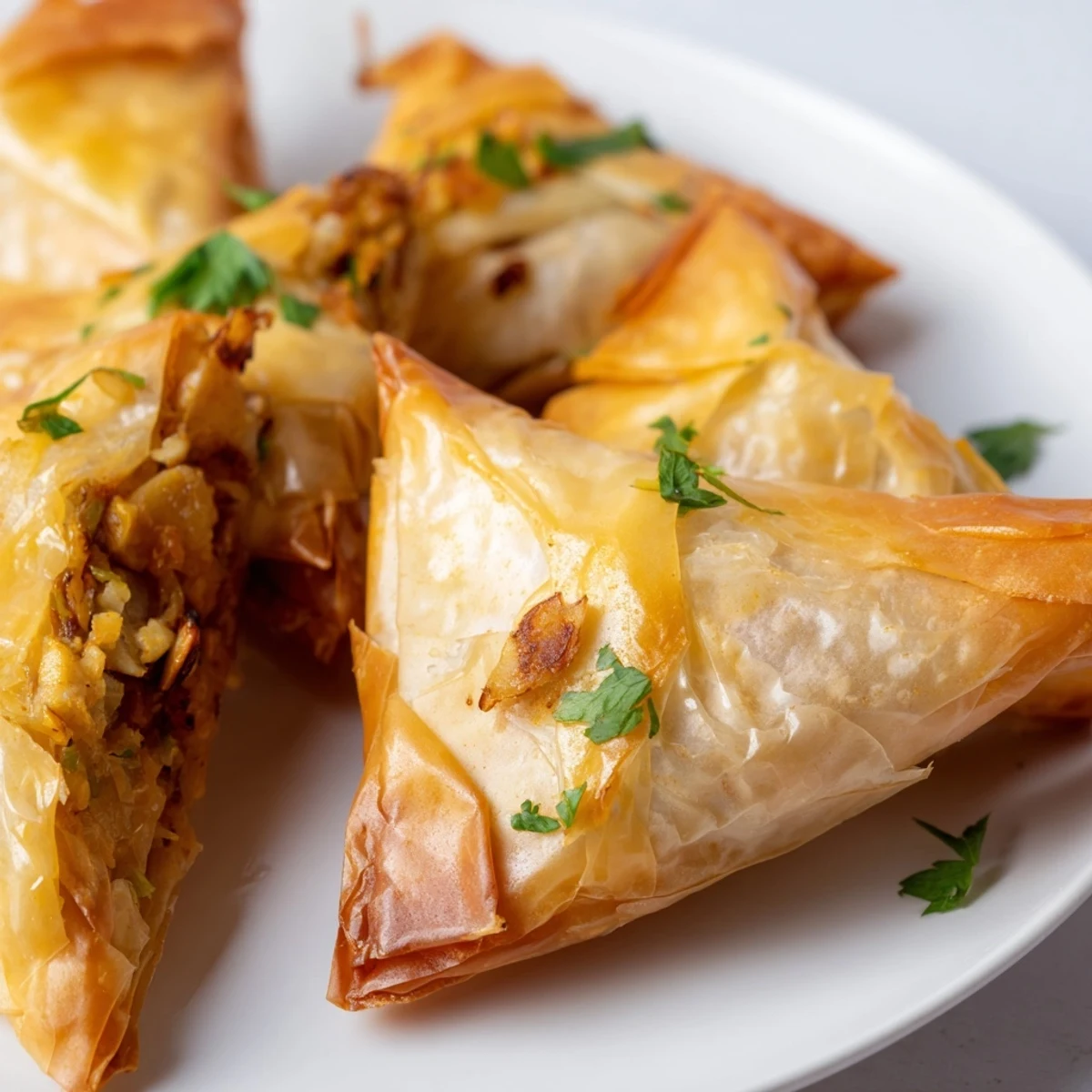 Homemade Moroccan chicken briouats pastry triangles filled with savory seasoned chicken and crunchy almonds