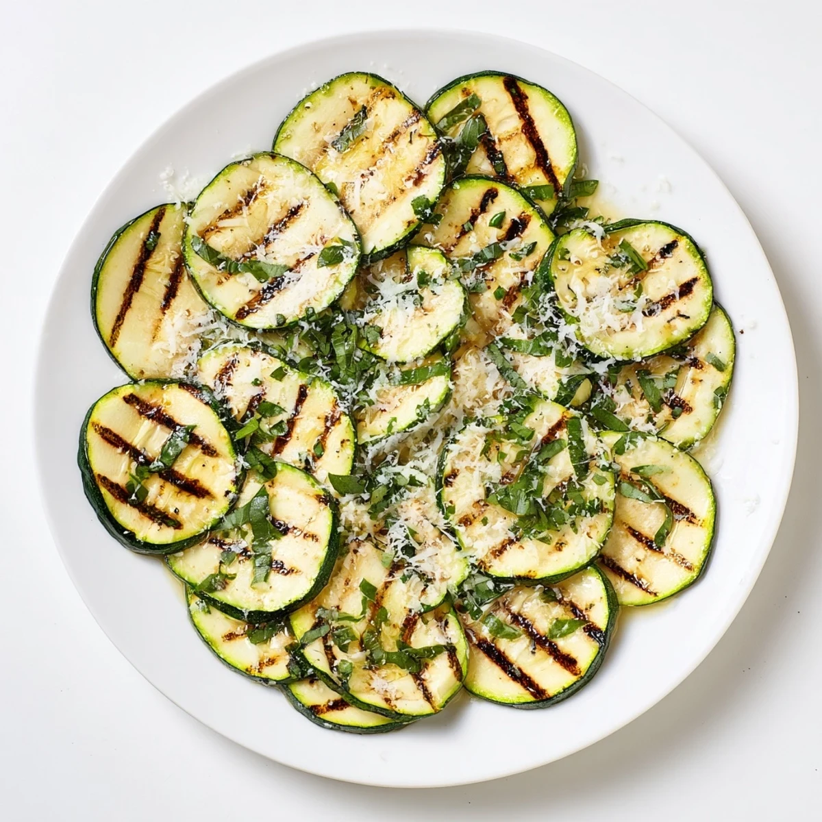 Plate of crispy grilled zucchini seasoned with garlic powder and finished with salty grated cheese