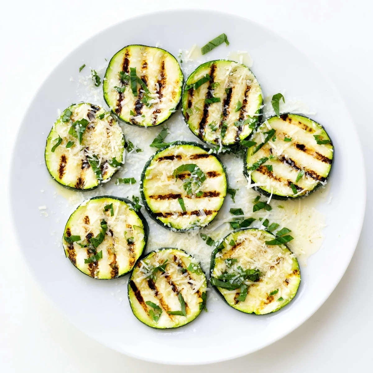 Golden brown grilled zucchini slices topped with melting Parmesan and vibrant fresh green herbs