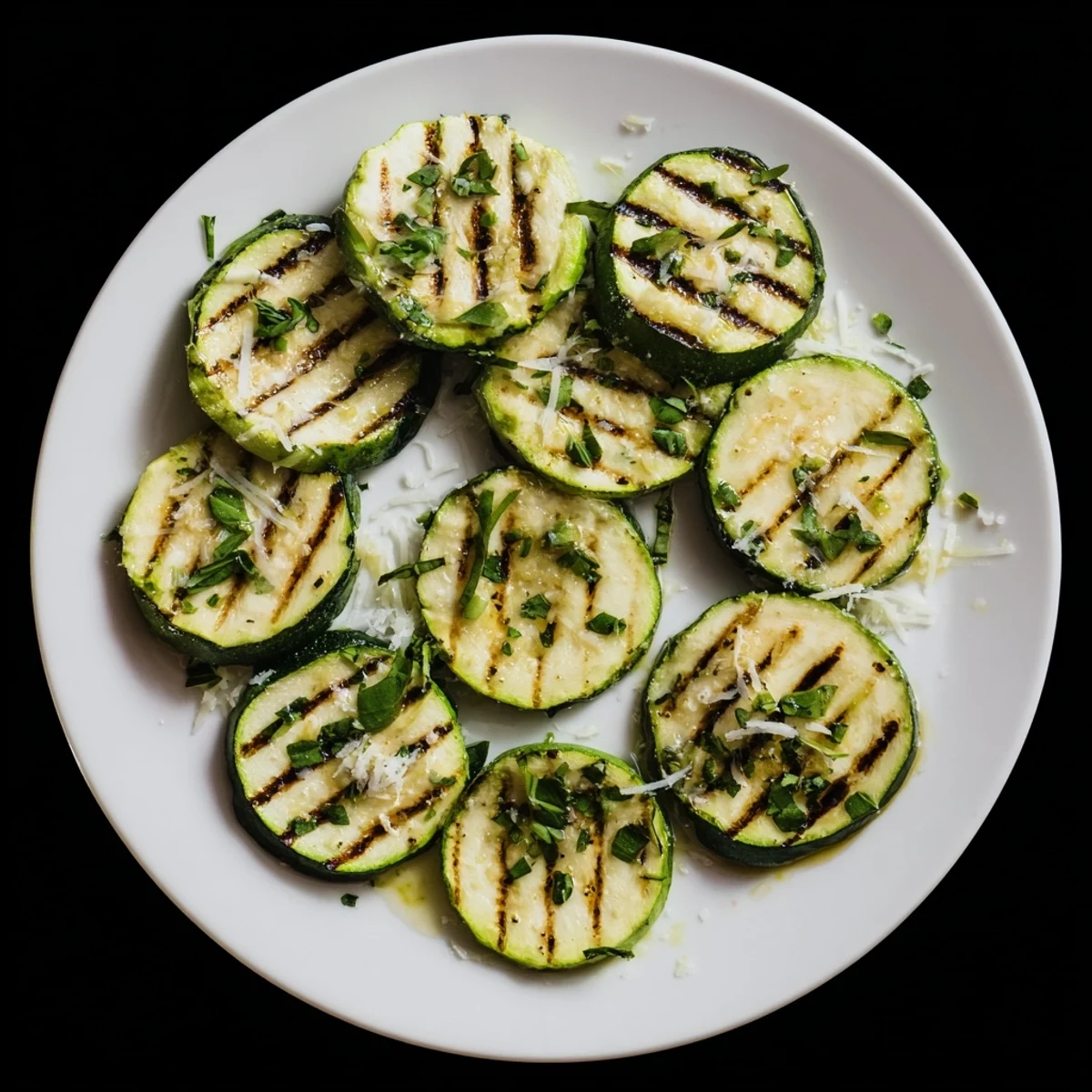 Summer side dish featuring charred tender zucchini rounds sprinkled with fresh basil, parsley, and chives
