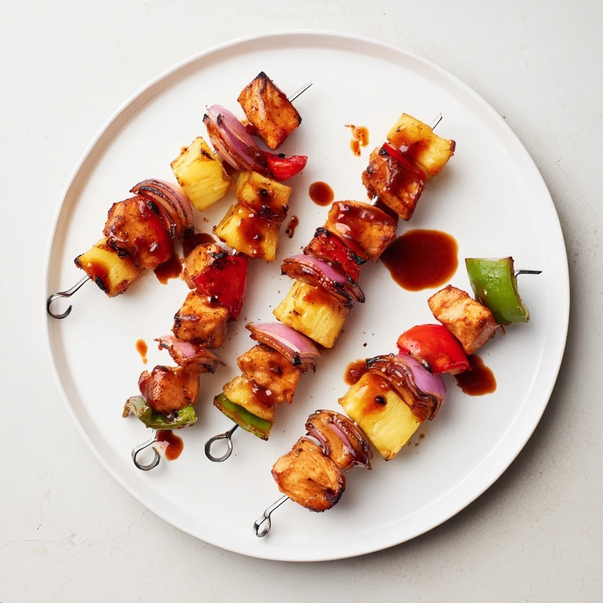Bbq Pineapple Chicken Kabobs sizzling on grill with charred pineapple and peppers